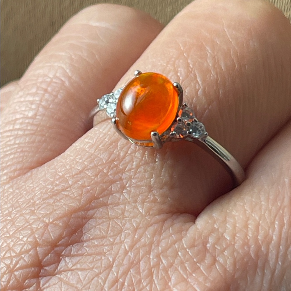 NWT Natural Orange Opal Gemstone in 925 Silver Ring with CZ Accents Size 9